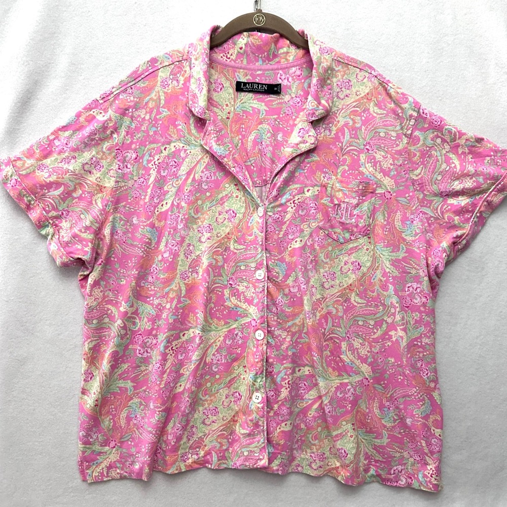 Ralph Lauren 3X Pink Paisley Floral Pajama Top RLR logo Short Sleeve Button